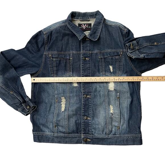 SYN JEAN Mens Distressed Blue 100% Cotton Denim Heavy Jacket Size 2XL - Picture 6 of 9